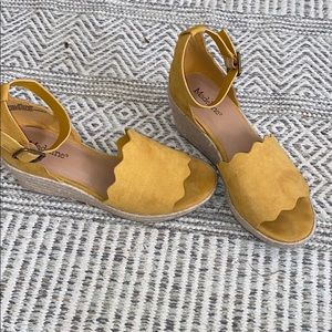 Mustard ankle buckle wedges